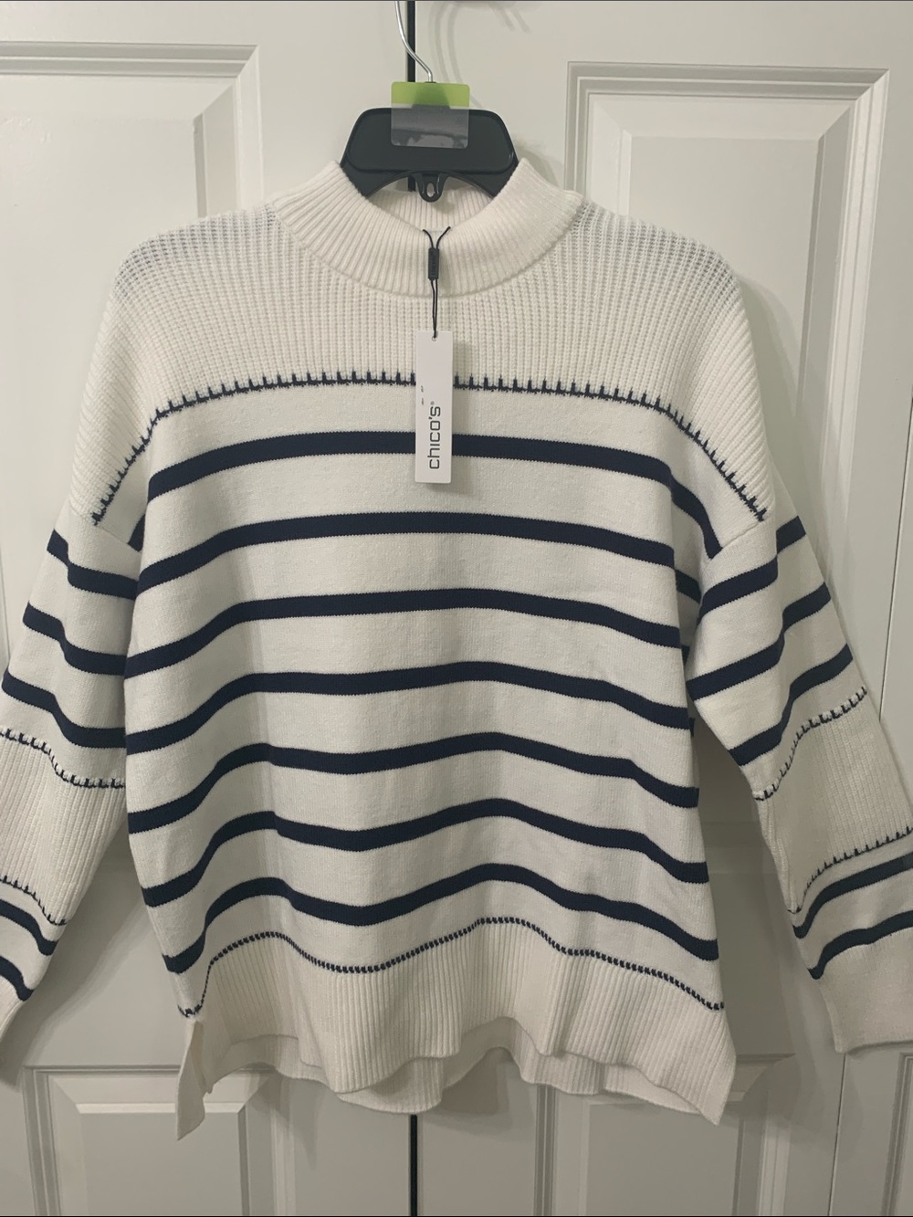Chico's White and Navy Striped Crewneck Sweater